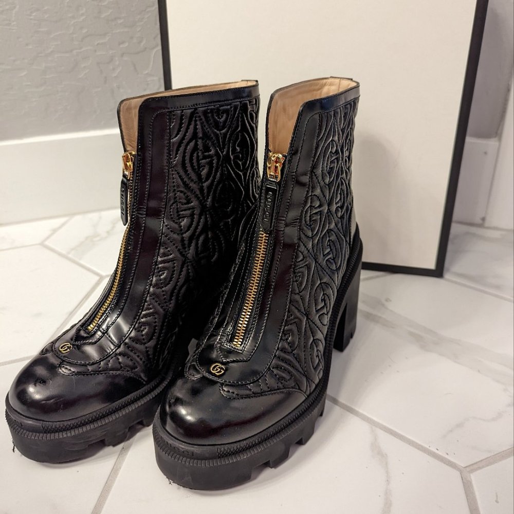 Gucci Black New Gg Supreme Logo Rhombus Leather Ankle Boots/Booties